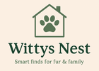 Logo of Wittys Nest with a house and paw print on a beige background