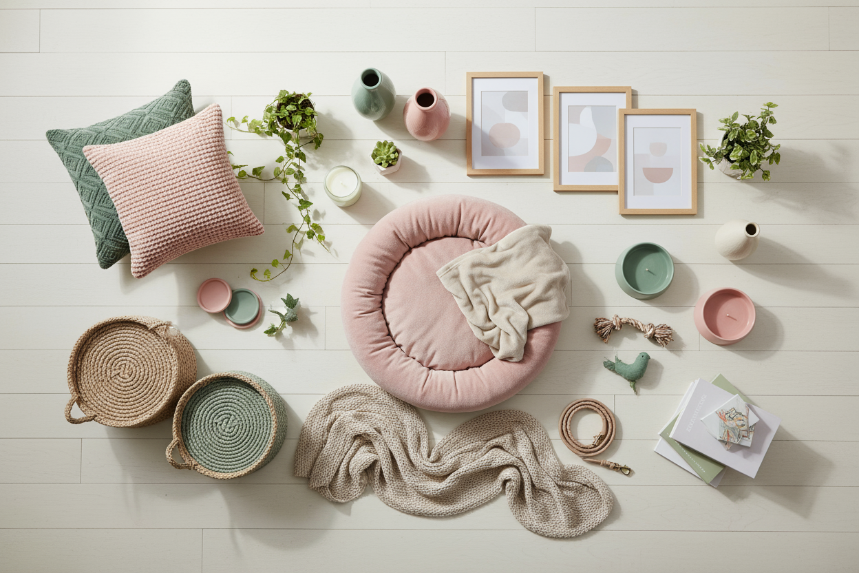 use colors seige green and blush pink and soft beige, include objects u might buy for home and pets decor accessories widgets